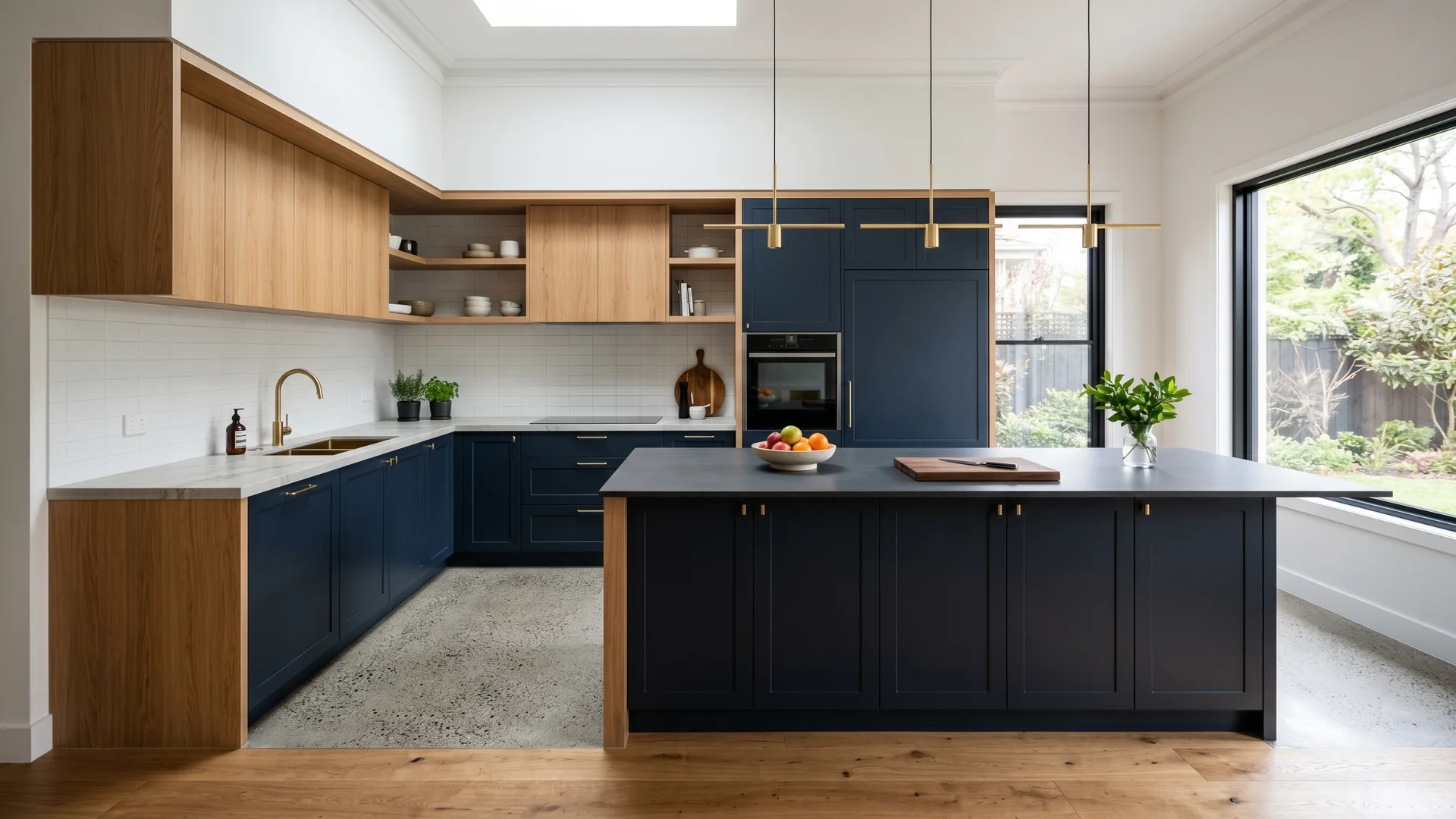 A renovated modern kitchen with an island bench and stone benchtop in a Melbourne West home